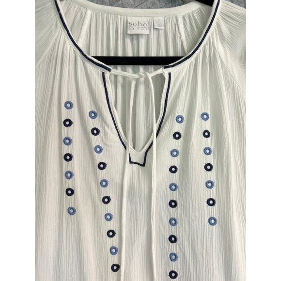 SOHO Peasant Blouse in White with blue accent Size L Country Boho Hippie Gauze - Picture 2 of 7